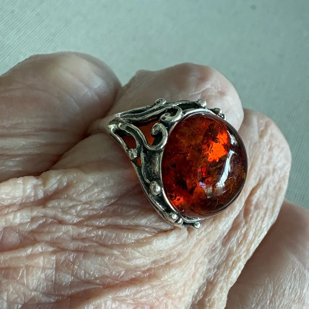 Sterling Silver and Amber Cabochon Bezel Set Ring